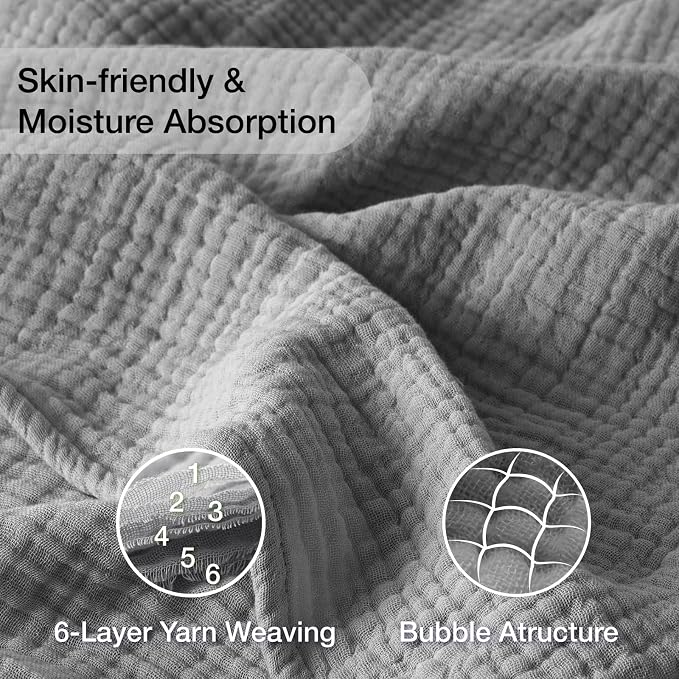 100% Cotton Muslin Blanket Queen 90" x 90", 6 Layers Breathable and Lightweight Cotton Throw Blanket for Bed, Soft Quilt Bedspread Coverlet, Gauze Blanket for Adults All Season, Grey