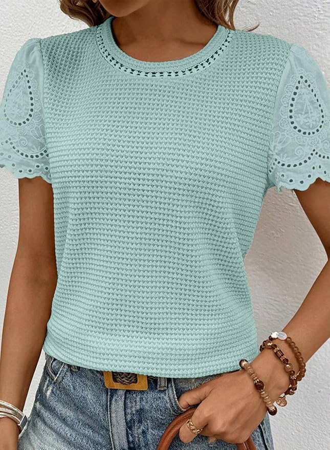 SHEWIN Womens Frenchy Summer Tops Crewneck Short Sleeve T Shirts Casual Waffle Knit Jacquard Blouses Top Shirts