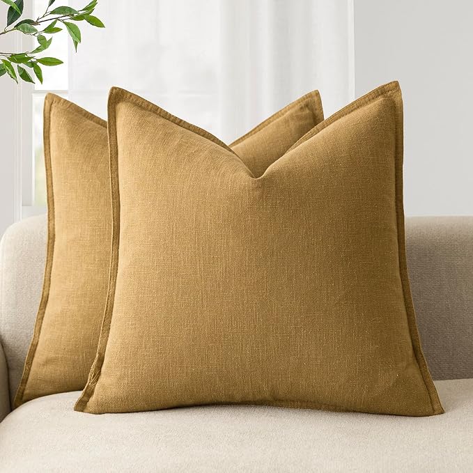 Foindtower Pack of 2, Decorative Linen Solid Throw Pillow Covers Soft Accent Cushion Case Boho Farmhouse Pillowcase for Couch Sofa Bedroom Living Room Home Decor 22 x 22 Inch Honey Mustard