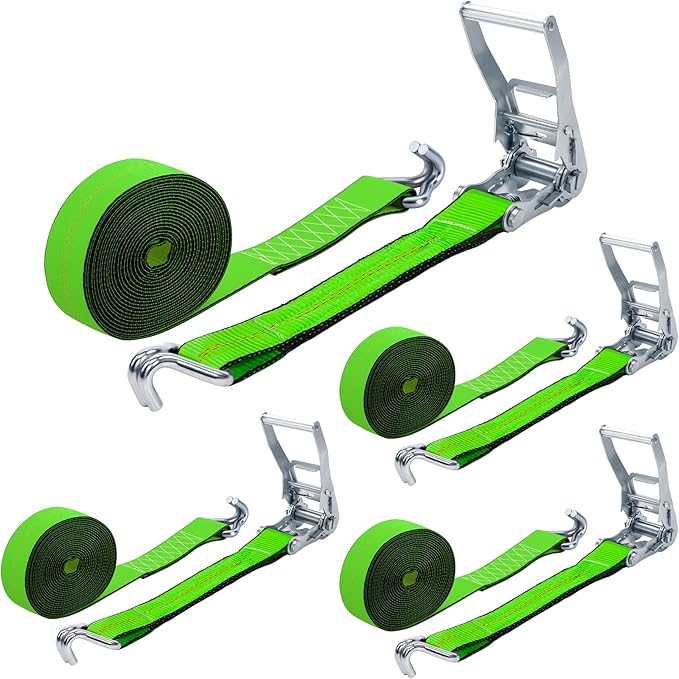 2"x20' Ratchet Straps with J Hooks - 10,000lb Break Strength/ 3,333lb Load Capacity Ratchet Tie Down Strap - Ratchet Straps Heavy Duty - Cargo Straps for Truck, Lawn Equipment, Car Roof, 4 Pack(Green)