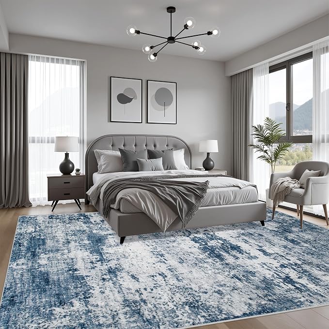 5x8 Area Rug Living Room Rug: Washable Modern Abstract Soft Thin Rug Indoor Floor No Slip Stain Resistant Carpet for Bedroom Dining Room Farmhouse Nursery Home Office - Blue