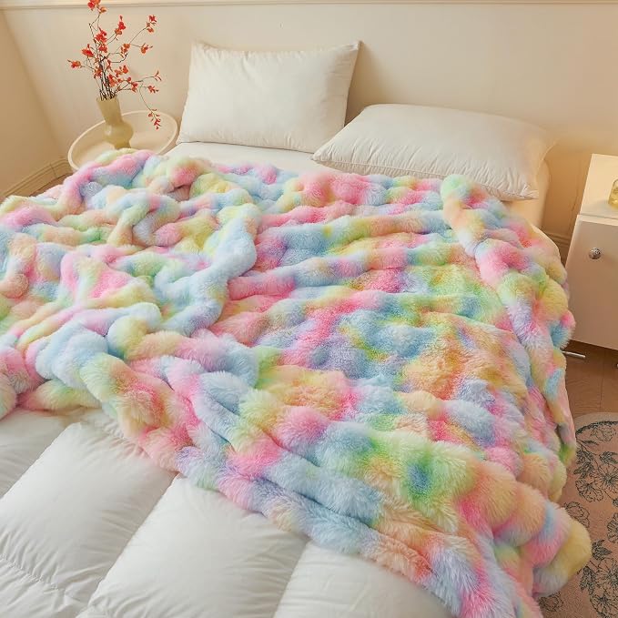 LIFEREVO Luxury Fluffy Faux Rabbit Fur Throw Blanket 60x80, Rainbow | Plush Fuzzy Bubble Lap Throw for Couch Sofa Office, Soft Cozy Tie Dye Furry Bed Blanket Home Decor, Washable & Skin-friendly