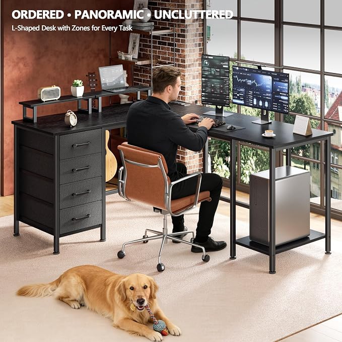 Korfile 59 inch L Shaped Computer Desk with Power Outlets, Black | Ideal for Home Office, Bedroom, Corner, 4 Adjustable Storage Drawers, 2 Monitor Stands, Reversible, Two Person Gaming Table