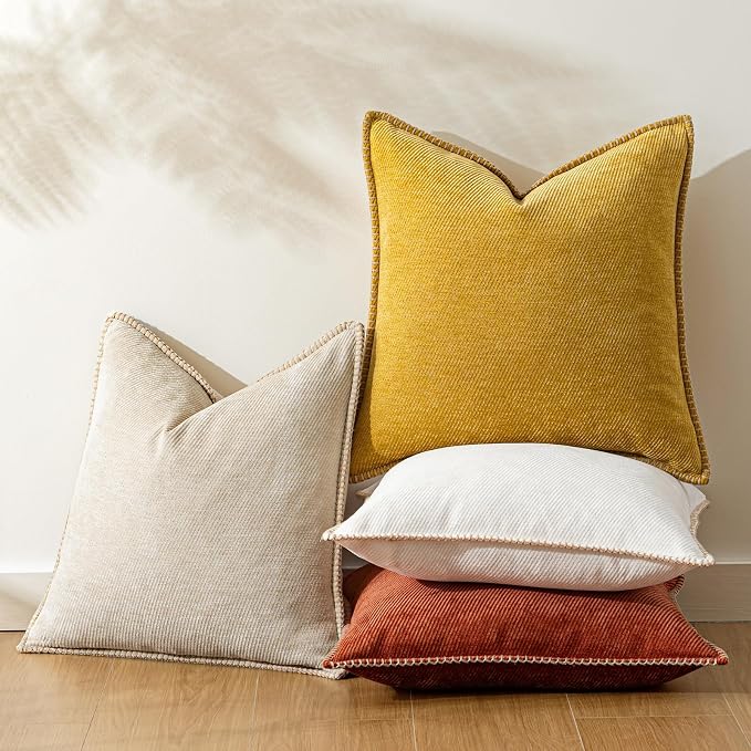 a moment Pack of 2 Decorative Chenille Throw Pillow Covers with Twill Cushion Covers for Sofa Living Room Couch Bed 16x16 Inch,Crafted Border Beige