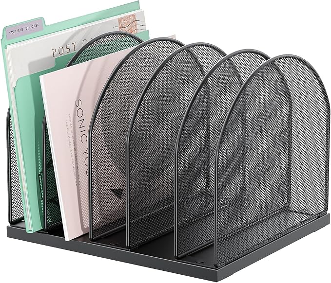 gianotter Desktop File Organizer with 5 Compartments | Desk Organizer Paper Organizer for Desk Workspace Organizers for Office Supplies (Black, Upright Style)