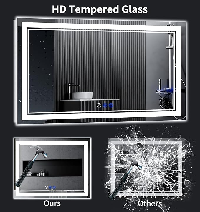 60"x30" LED Bathroom Mirror with Anti-Fog, Stepless Dimmable Lights, 3 Color Modes, Shatter-Proof Tempered Glass,Waterproof Design
