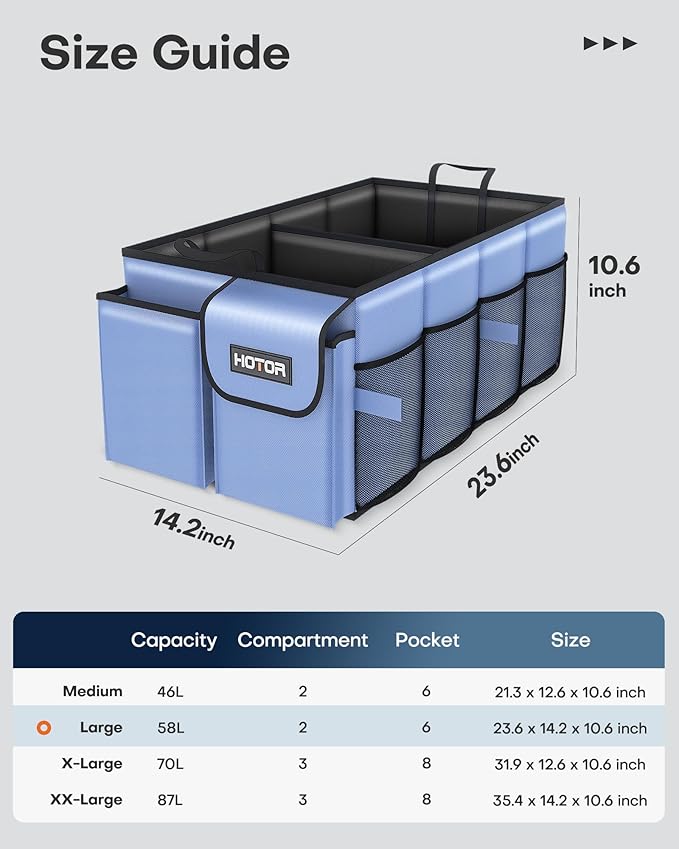 HOTOR Trunk Organizer for Car - Car Organizer, Foldable Trunk organizer for SUVs & Sedans, Sturdy Organization for Car Accessories, Tools, Sundries, Blue, 2 Compartments, 23.6"��14.2"��10.6"