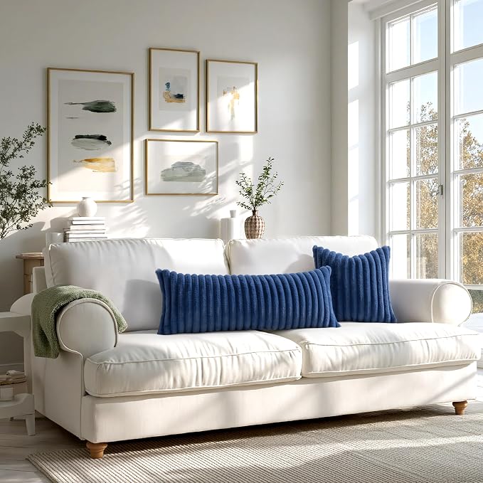 MIULEE Faux Fur Decorative Throw Pillow Covers 20x20 Set of 2 Navy Blue | Coastal Modern Soft Plush Couch Pillows, Cozy Fluffy Cushion Covers for Sofa Bed Living Room Home Decor