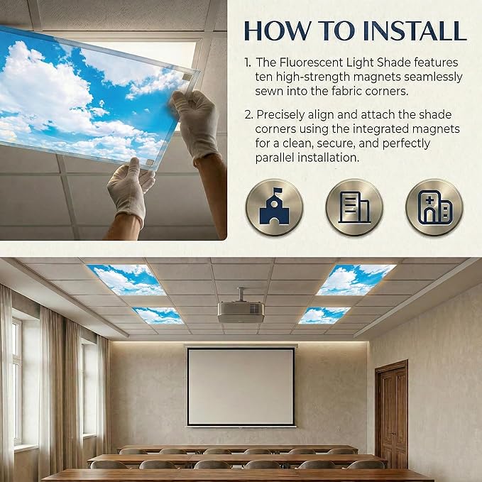 Fluorescent Light Covers for Ceiling Lights -Magnetic Cloud Cover for Fluorescent Or LED Fixture 2ft x 4ft Classroom,Home,Office Decoration Filters Overhead Lighting-Cloud White-Cloud white