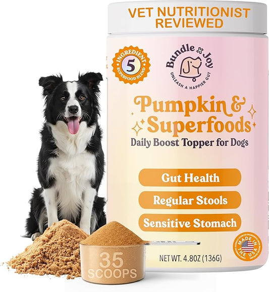 Bundle x Joy Superfoods with Pumpkin for Dogs Daily Boost, Vegan Digestive Support, Gut Health for Dogs, Supports Stomach Upset & Loose Stools, Dog Supplements Made in USA - 35 Scoops