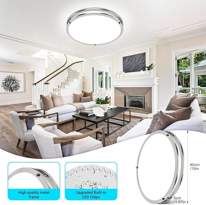 libtit 2Pack 16Inch Flush Mount Ceiling Lights with Remote, 36W Dimmable LED Ceiling Light 3000K-6500K Adjustable, Large & Bright Brushed Nickel Light Fixture for Kitchen Bedroom LivingRoom