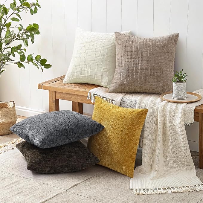 decorUhome Textured Chenille Throw Pillow Covers 20x20 Set of 2 Oatmeal | Fall Modern Farmhouse Soft Cozy Slubby Couch Pillow Cases Boho Decorative Pillow Cases for Bed Sofa Living Room Home Decor