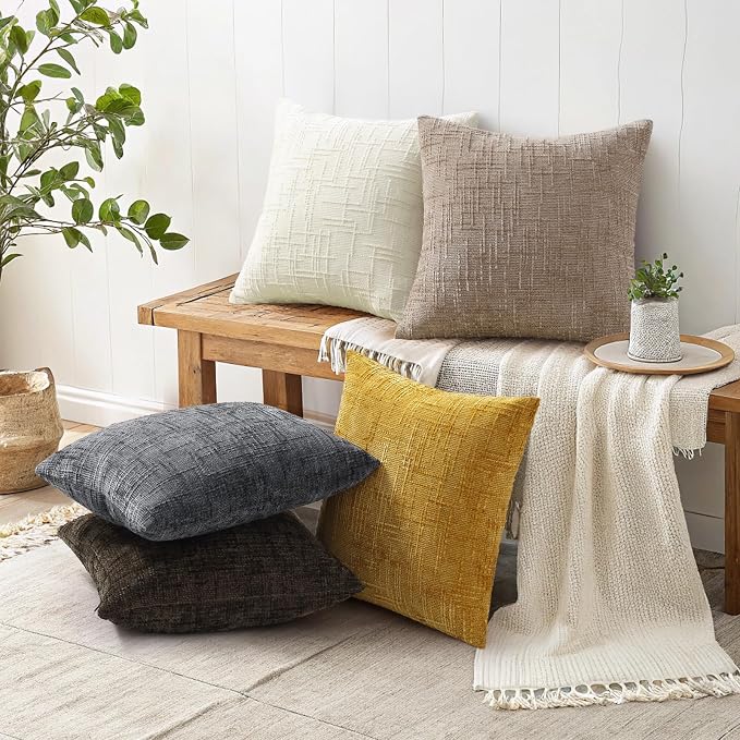 decorUhome Textured Chenille Throw Pillow Covers 22x22 Set of 2 Oatmeal | Fall Modern Farmhouse Soft Cozy Slubby Couch Pillow Cases Boho Decorative Pillow Cases for Bed Sofa Living Room Home Decor