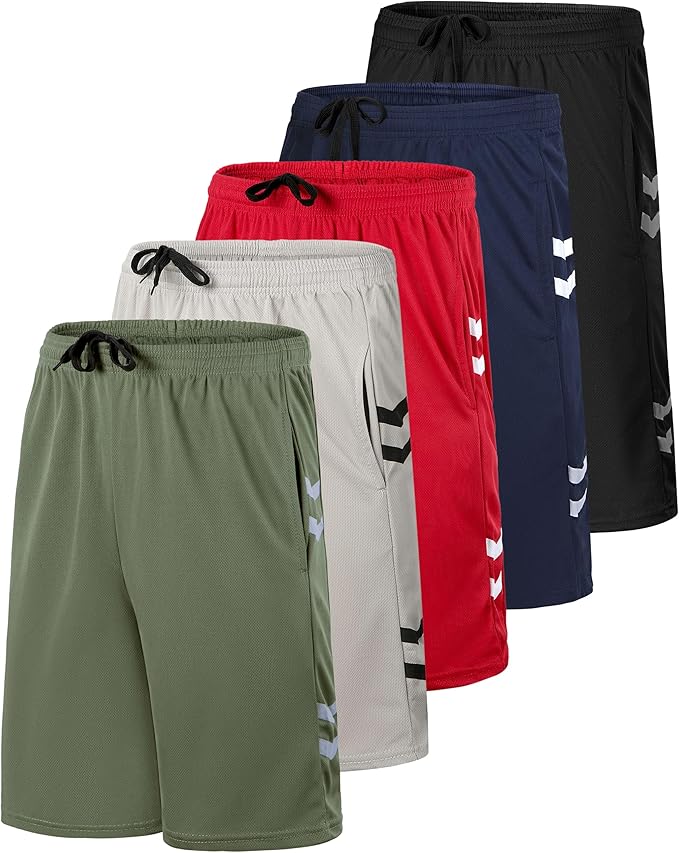 5 Pack Men's Mesh Shorts Athletic Basketball Sports Gym Workout Pockets | Cooling Moisture-Wicking, 9", Long, Quick-Dry, Breathable, Elastic Drawstring Waistband. Running, Exercise, Soccer, Training.