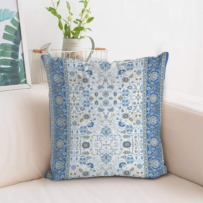 Boho Floral Throw Pillow Covers 20x20 inch Set of 2,Blue Boho Rug Geometric Floral Pattern Decor Double Sided Pattern Cushion Cover Soft Pillow Case Living Sofa Room Bed Square Pillow Cover