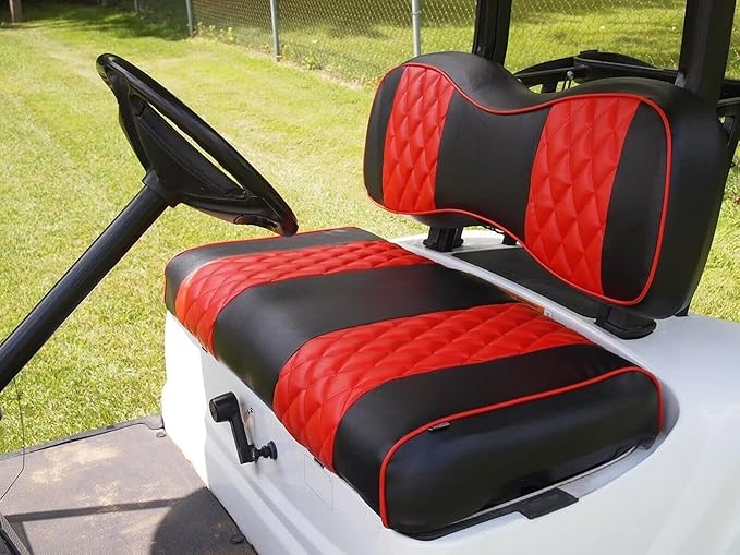 Huskey Golf Cart Front Seat Covers for Club Car Precedent 2004+ Models, Custom Fit, Black/Red Diamond Stitching, Marine Grade Vinyl, Staple On