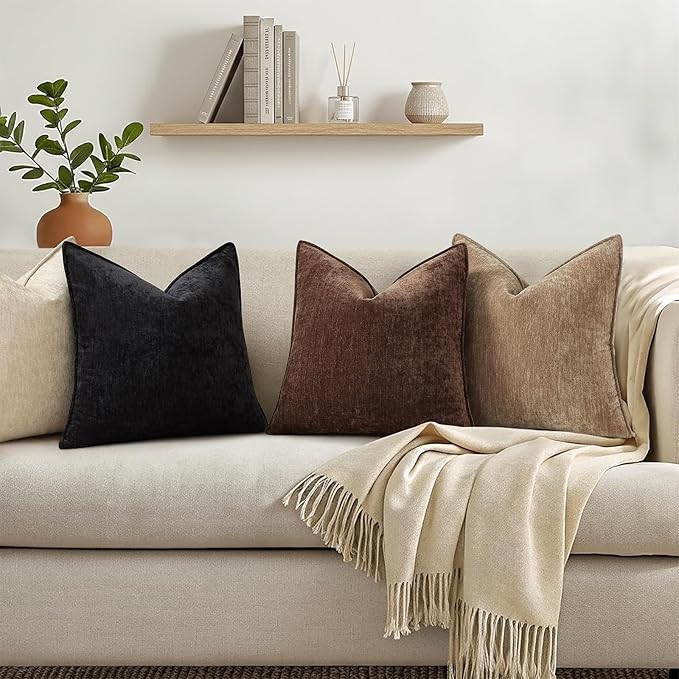 decorUhome Chenille Brown Velvet Throw Pillow Covers 20x20 Set of 2 | Fall Soft Couch Decorative Modern Farmhouse Pillow Cases with Elegant Design for Sofa Bed Living Room Home Decor