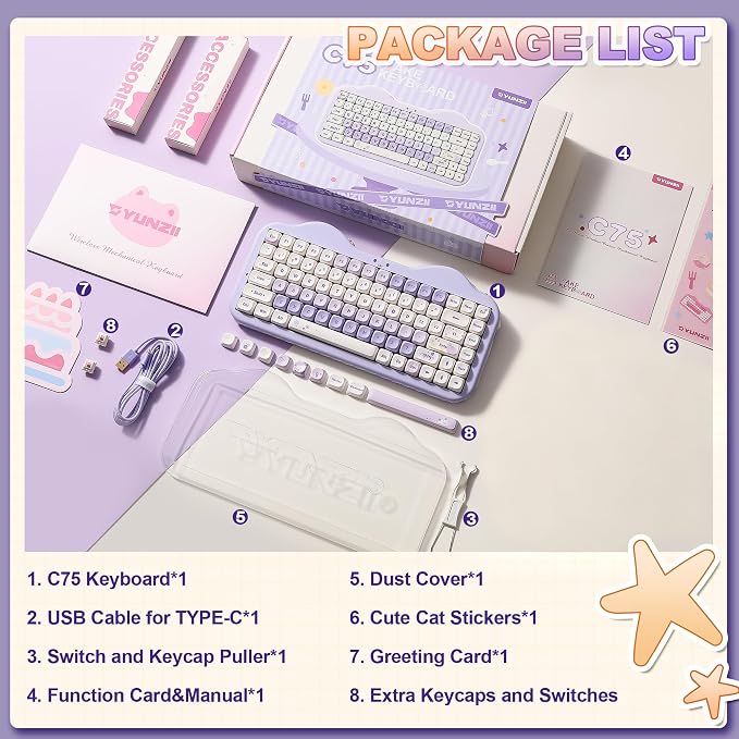 YUNZII C75 Cute 75% Wireless Mechanical Keyboard (Purple, Candy Switch) | Creamy Cake Keyboard, BT5.0/2.4G/USB-C, Hot-Swap, NKRO, PBT MOA Keycaps,5500mAh RGB Gasket Mount for Mac/Win/Gaming/Office