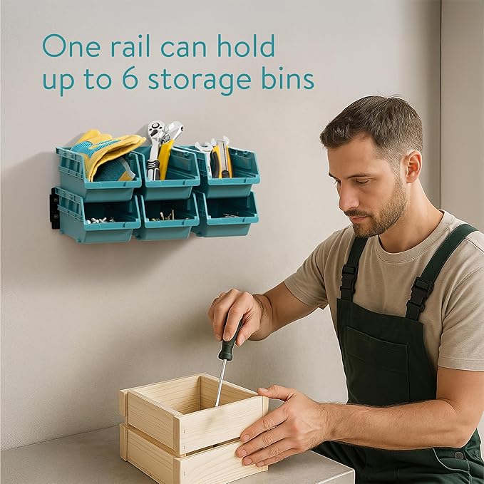 Navaris Storage Bins - Interlocking Plastic Van Boxes - Wall Mounted Compartments for Screws Nails Small Tool Parts - Workshop Garage Drawer Shed Organiser - 12 Bins & 3 Rails