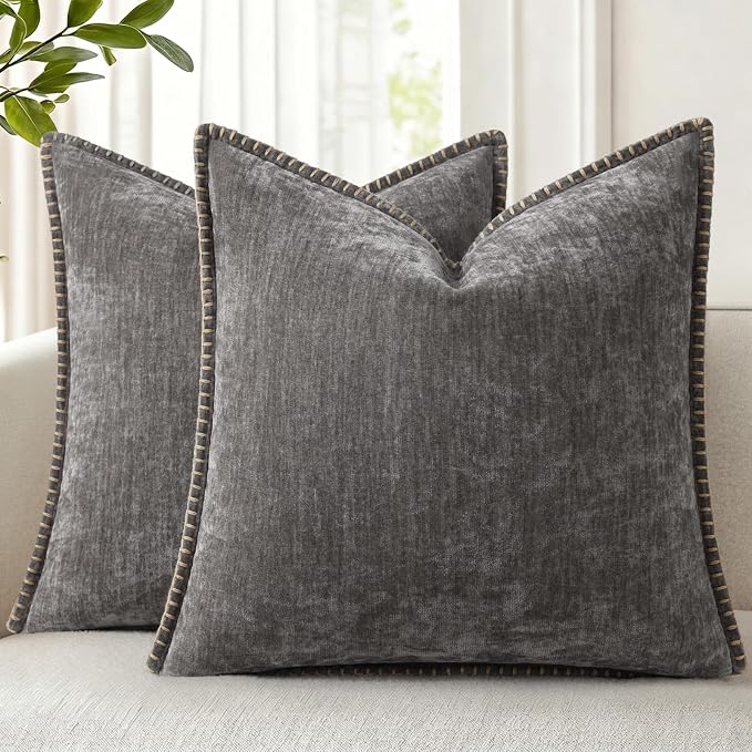 decorUhome Soft Chenille Throw Pillow Covers 22x22 Set of 2 Dark Grey | Fall Textured Decorative Throw Pillow Cases Stitched Edge Modern Farmhouse Luxury Boho Velvet for Couch Sofa Bed Home Decor