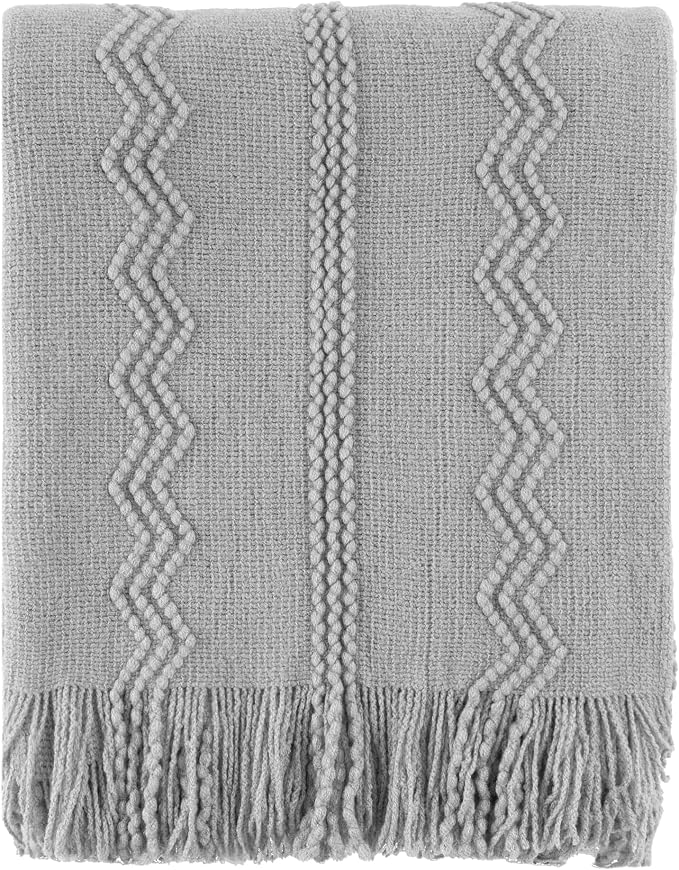 BATTILO HOME Light Grey Throw Blanket for Couch, Geometric Grey Bed Throws Decorative Boho Blanket for Sofa Living Room, 50"x60"