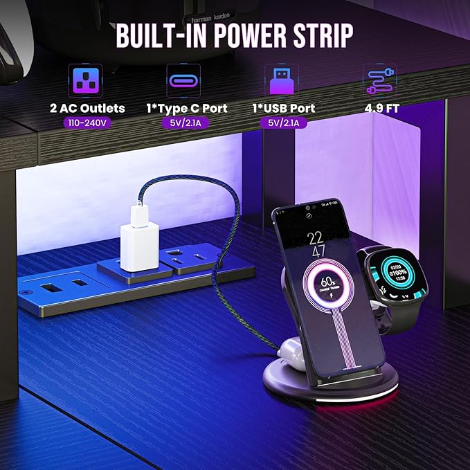 DUMOS 53 Inch Gaming Desk, L Shaped Desk, LED Lights | Monitor Stand, Storage Shelves, Computer Table, USB Charging Ports, Power Outlets, Small Spaces, Black