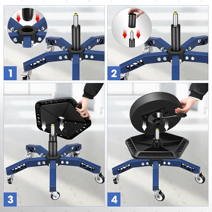 DNA Motoring Rolling Shop Stool, Adjustable Height Padded Rolling Seat, Pneumatic Roller Mechanic Stool for Garages, w/Tool Storage Tray, 300lbs Capacity, TOOLS-00636-BK-BL