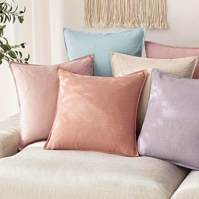 Foindtower Pack of 2, Decorative Linen Solid Throw Pillow Covers Soft Accent Euro Cushion Case Boho Farmhouse Pillowcase for Chair Couch Sofa Bedroom Living Room Home Decor 26 x 26 Inch Coral Pink