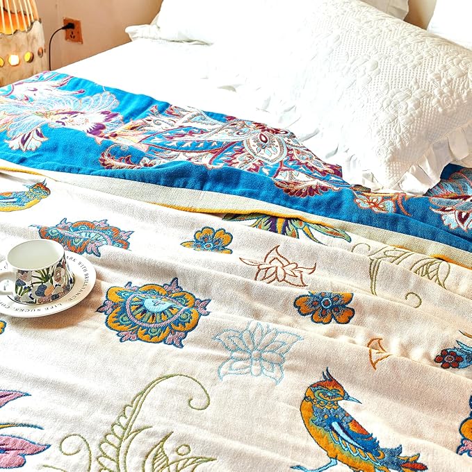 VANJOROY Boho Throw Blanket, 100% Organic Cotton Breathable Skin-Friendly Ultra Soft Bed Quilt Throw - All Season Floral Bird Farmhouse Décor Luxury Blanket for Sofa Couch Chair and Gift. 80" x 90"