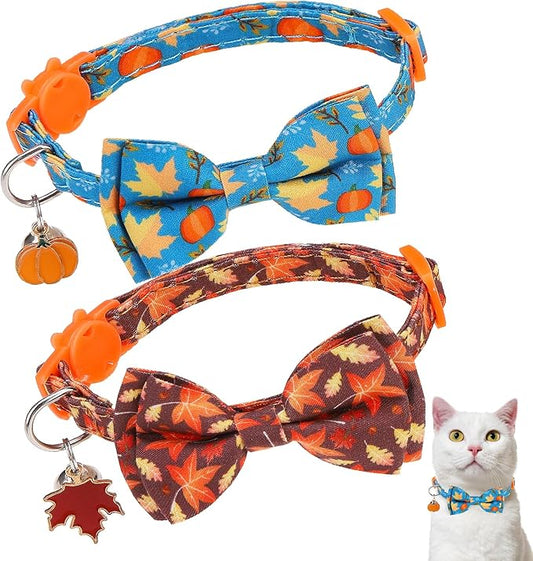 Breakaway Cat Collar Thanksgiving 2 Pack - Fall Pumpkin & Turkey Bow Tie with Bell, Safe Adjustable Kitten Collars for Holiday, Fits Cats and Small Puppies