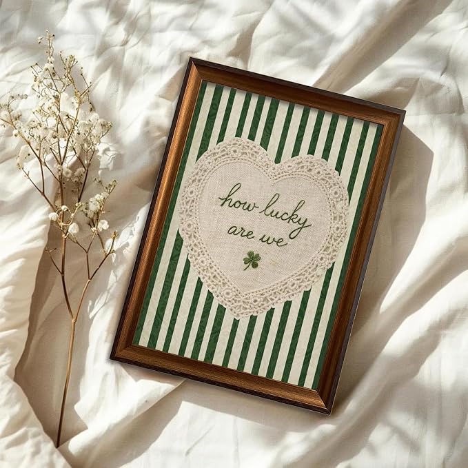 Framed How Lucky Are We Wall Art Vintage Inspirational Quotes Decor Print | Green Striped Lace Heart Aesthetic Painting Poster Trendy Preppy Canvas Picture for Bedroom Collage Ready to Hang 8x10in
