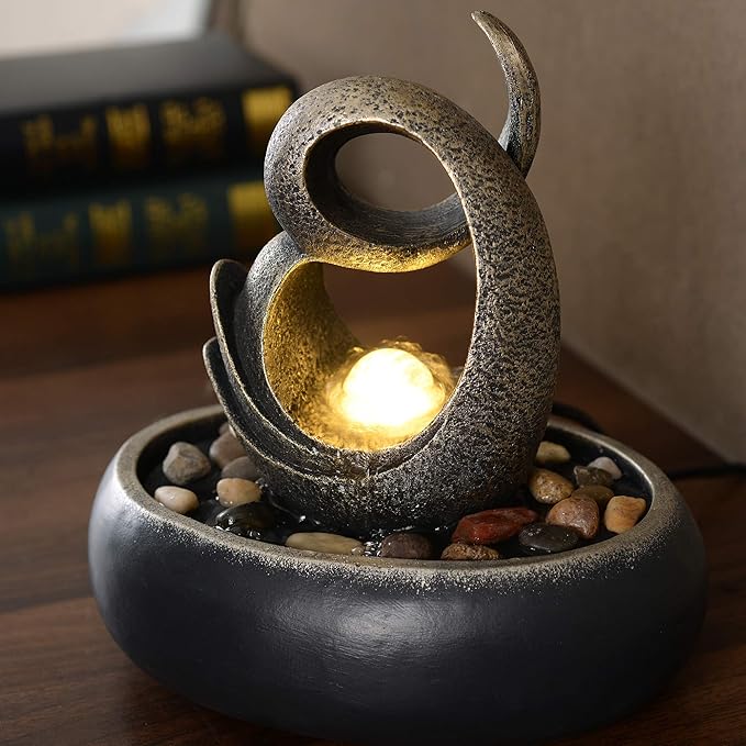 Teamson Home Tabletop Water Fountain Indoor Room Décor Sound Machine with Water Pump, Abstract Upright Sculpture with LED Light Faux Rocks, Indoor Zen for Home Office Living Room, Charcoal/Bronze