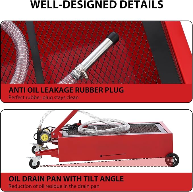 Oil Drain Pan, 20 Gallon Capacity, Rolling Oil Drain Pan with Electric Pump & 8 ft Hose, Leak-Proof & Corrosion-Resistant, Fit for Cars, SUVs, Trucks, Motorcycles, ATVs (Red, 20 Gallon-Electric)