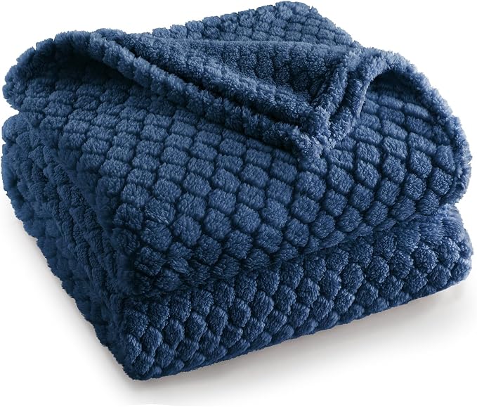 Exclusivo Mezcla Soft Fleece Queen Size Blanket for Bed, Navy Blue | Jacquard Lightweight Cozy Bed Blanket, Breathable Decorative Fuzzy Textured All Season Use, 90x90 Inches