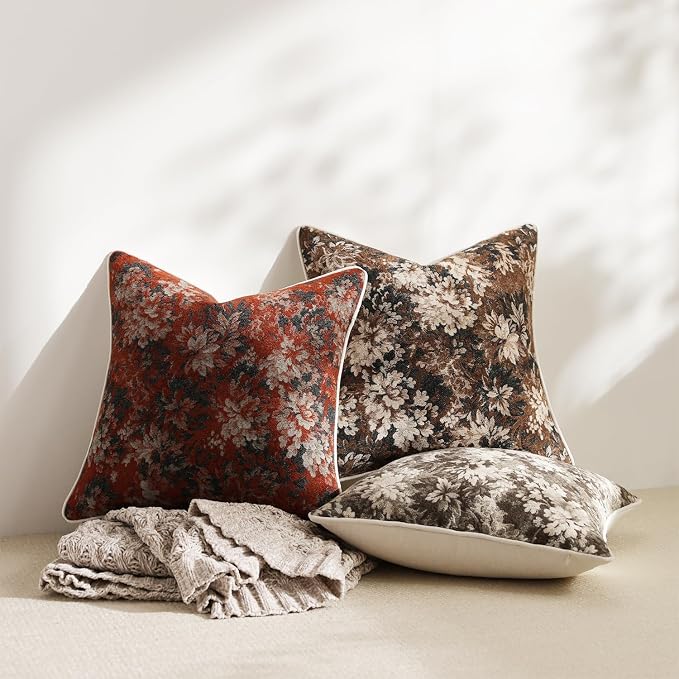 Pack of 2 Vintage Floral Euro Sham Covers 26x26 Boho Farmhouse Accents Chenille Square Decorative Throw Pillow Cases for Living Room Couch Bed Home Decor, Dark Brown