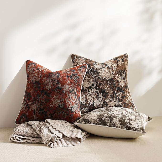 Pack of 2 Vintage Floral Throw Pillow Covers 22x22 Boho Farmhouse Accents Chenille Square Decorative Pillow Cases for Living Room Couch Bed Home Decor, Dark Brown