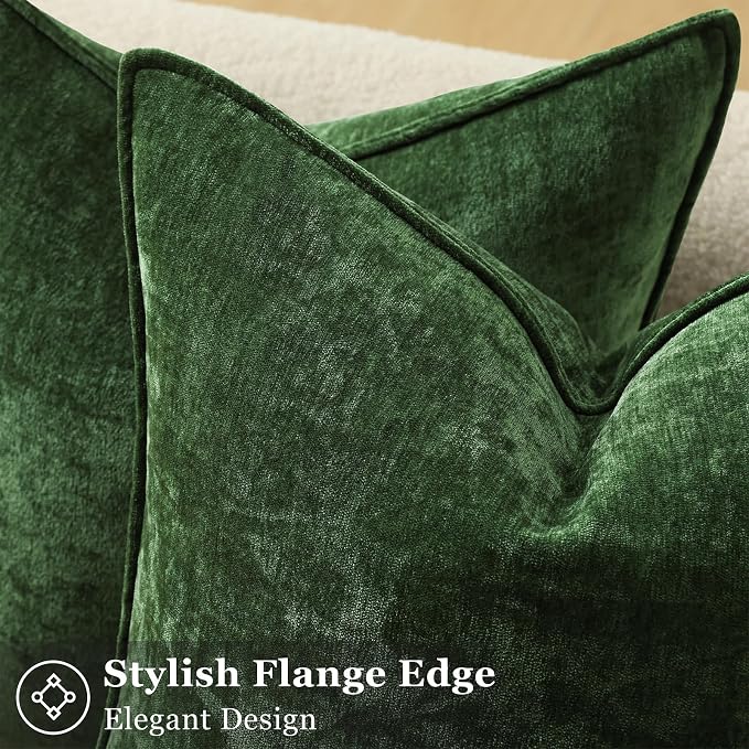 decorUhome Chenille Moss Green Velvet Throw Pillow Covers 24x24 Set of 2 | Fall Soft Euro Sham Couch Decorative Modern Farmhouse Pillow Cases with Elegant Design for Sofa Bed Living Room Home Decor