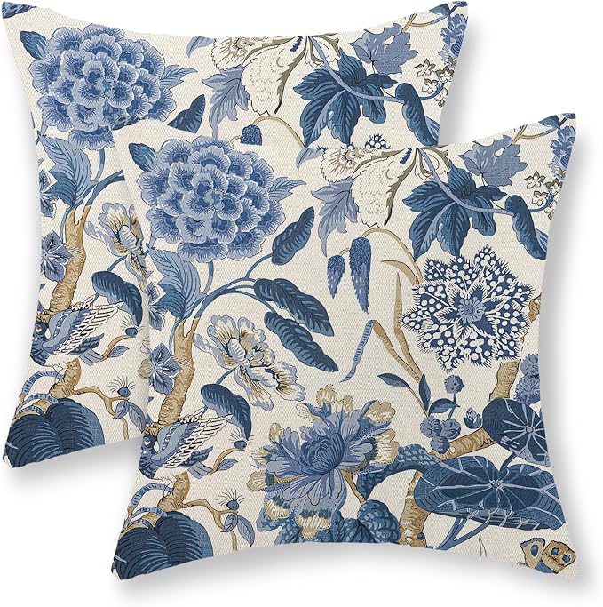 Blue Pillow Covers 24x24 Inch Set of 2 Vintage Blue Floral Throw Pillows Chinoiserie Flower Decorative Pillow Cases Outdoor Linen Farmhouse Cushion Cover for Couch Home Sofa Bed Decorations