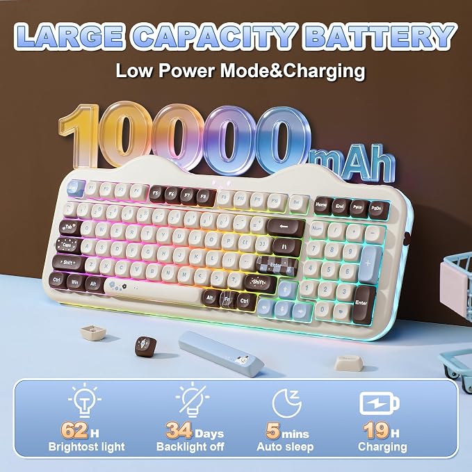YUNZII C98 Cute Cake Wireless Mechanical Keyboard(Choco, Candy Switch) | 99 Keys with Number Pad, Hot Swap, PBT MOA Keycaps, BT5.0/2.4G/USB-C, Gasket Mount, Custom RGB Backlit for Win/Mac