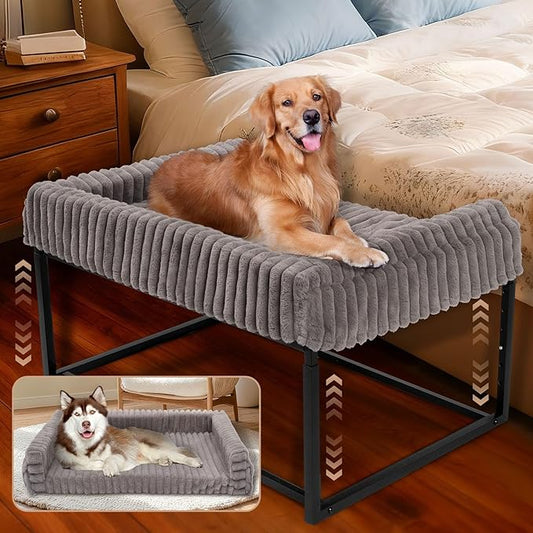 Adjustable Bedside Dog Bed for Large Dogs, Elevated Dog Co-Sleeper with Metal Frame, Memory Foam Mattress & Washable Corduroy Cover, Pet Bedside Sleeper for Dogs & Cats