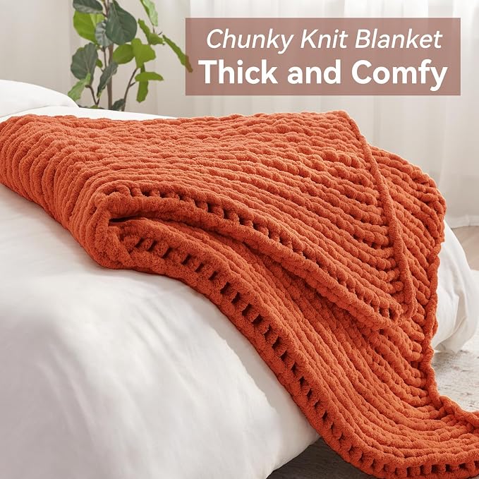 Negwoo Chunky Knit Throw Blanket, Knitted Throw Chenille Yarn, 80"*90" | Soft Thick Cable Knitted Blankets, Handmade Big Thick Blanket, Machine Washable Cute Comfy Blanket for Home Decor, Orange