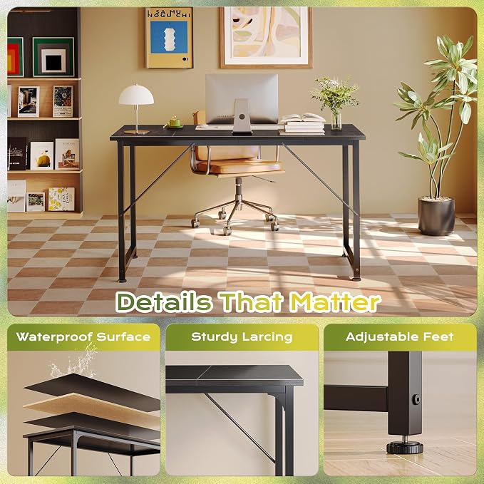 PRAISUN 47 Inch Computer Desk, Home Office Desk with Spacious Desktop, Black