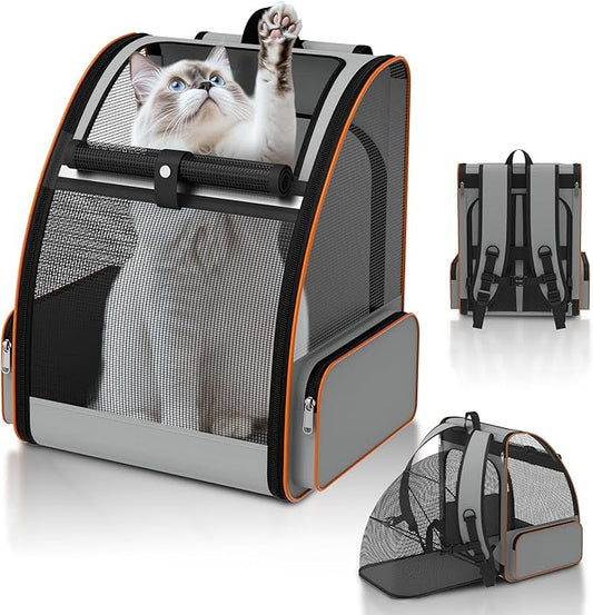 Cat Backpack Carrier Expandable for Outdoor - Foldable Cat Backpack with Breathable Mesh for Small Dog Puppy Kitten Up to 15 lbs - Soft-Sided Pet Carrier for Travel Hiking Camping (Gray)