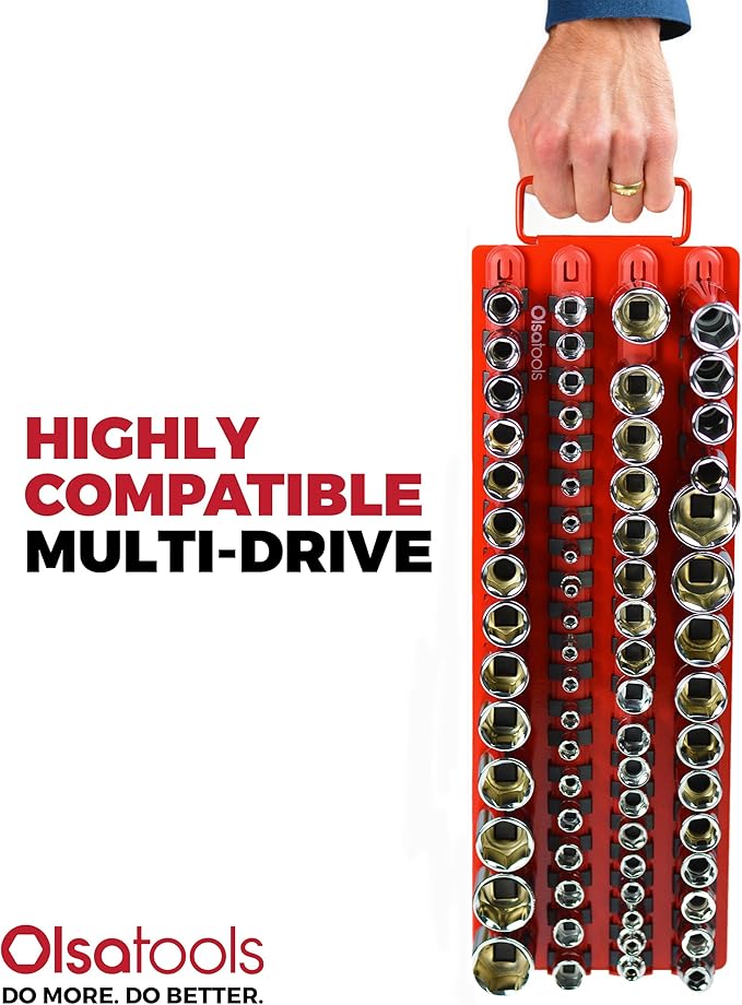 Olsa Tools Socket Organizer Tray - Portable Red Rail with Black Clips - Stores 80 Sockets Securely - Professional-Grade Socket Holder - Part 1047