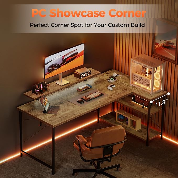 Mericonia 48 in Corner Desk with Monitor Stand, Small L Shaped Gaming Desk | Reversible Computer Desk with Power Outlets, LED Light & Storage Shelves, Office Table for Home Bedroom Study Work Writing