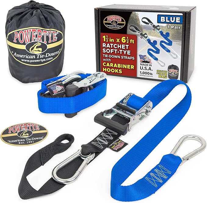 PowerTye 1.5in x 6.5ft Heavy Duty Ratchet Tie-Down Straps with Soft-Tye, Carabiner Hooks - 1,000 lb Working Load Limit / 3,000 lb Breaking Strength - Made in USA - Blue/Black Pair + Storage Bag