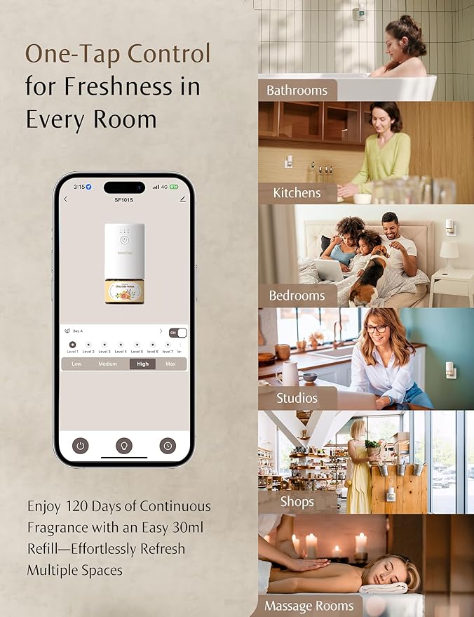 Essential Oil Diffuser for Home, Smart Waterless Aromatherapy Diffuser SF101S Pro, Plug in Room Scent with Timer & 120-Day Natural Aroma – Free 30ml Jasmine Dew Harmony(Teal & Aqua)