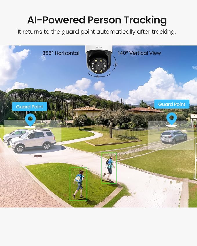 ZOSI C298 4MP Dual-Lens(2MP+2MP) Wired WiFi PT Plug-in Security Camera Outdoor, 360 View Pan/Tilt Camera, Human/Vehicle Detect, Color Night Vision, Spotlight Siren,Two-Way Talk, Memory Card Storage