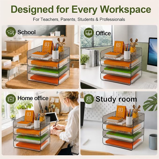 FANXIYQ 4-Tier Acrylic Paper Tray Organizer, Clear & Brown Paper Organizer | Stackable, Tool-Free Design with 2-4 Tiers for A4 Paper, Files, Books and Mail; Ideal for School, Home Office and Study Room