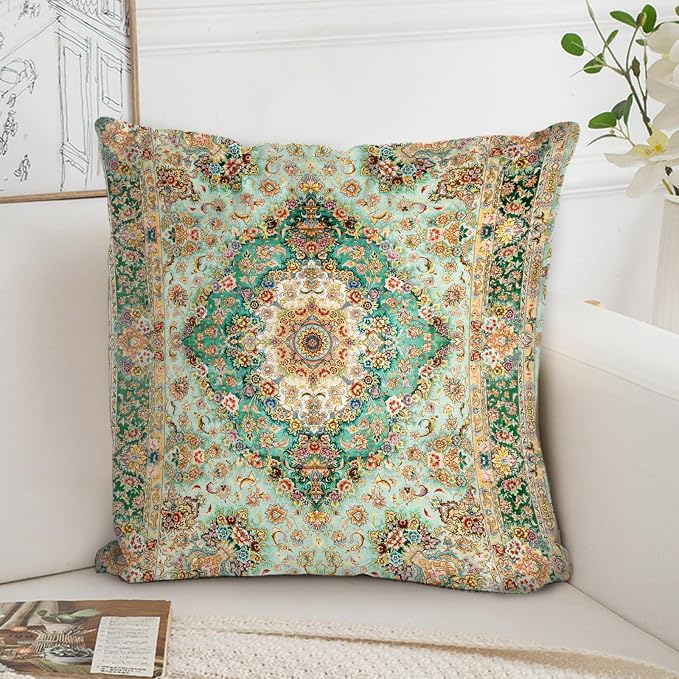 Boho Floral Throw Pillow Covers 16x16 inch Set of 2,Green Boho Rug Geometric Floral Pattern Decor Double Sided Pattern Cushion Cover Soft Pillow Case Living Sofa Room Bed Square Pillow Cover